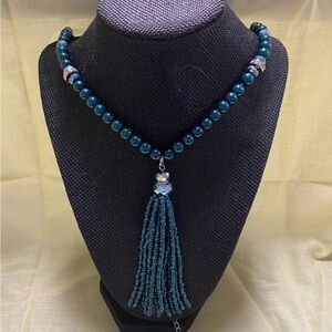 Cato Deep Blue Green Necklace with Bead Tassel